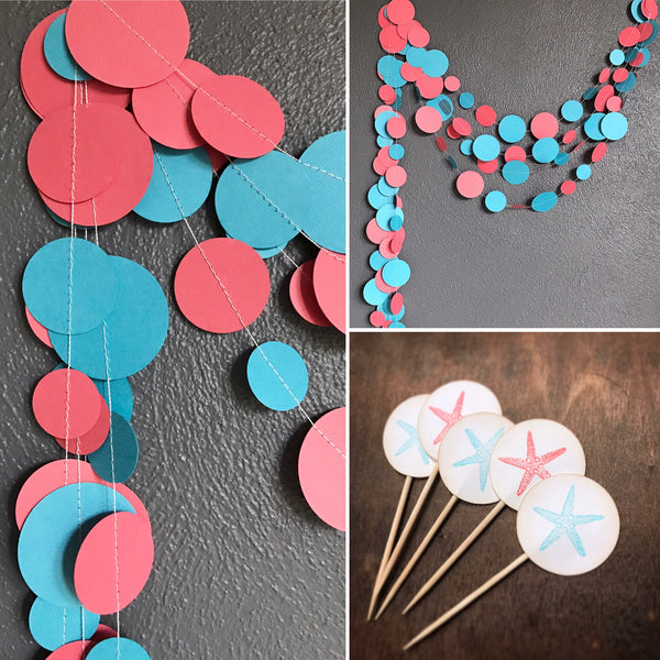 Coral Pink and Turquoise Paper Garland| Beach Theme Garland| Beach Wedding| Beach theme party| Tropical Garland| 10ft.