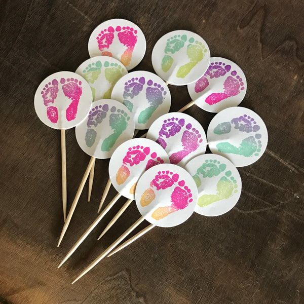 Rainbow Baby Shower Cupcake Toppers Baby Footprints Set of 12